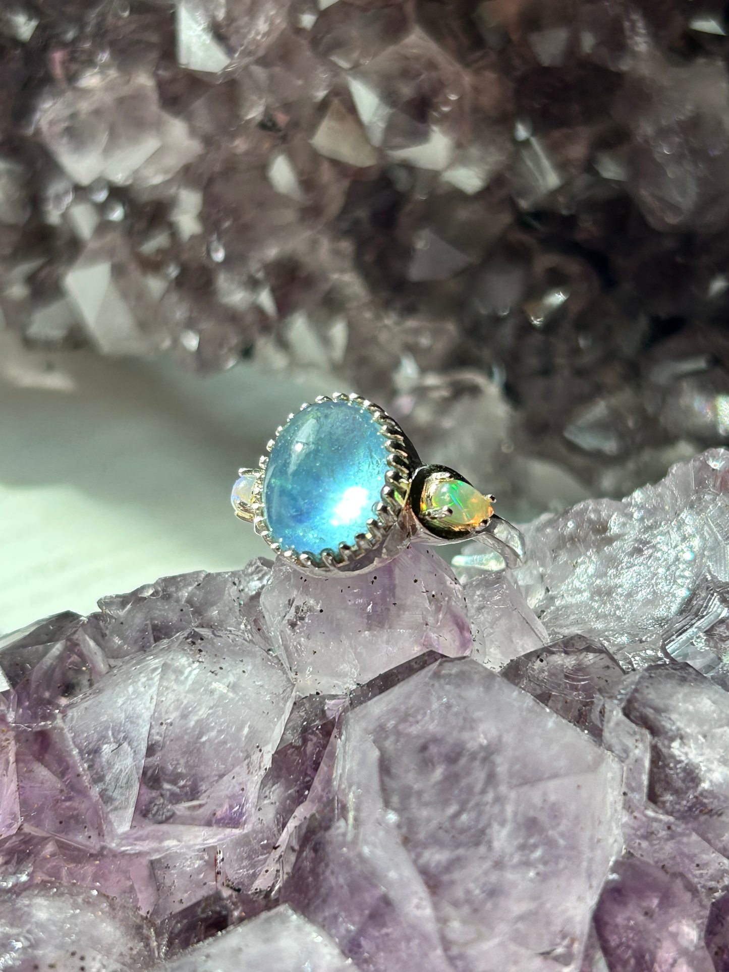 Aquamarine + Opal Ring | Size Ajustable
