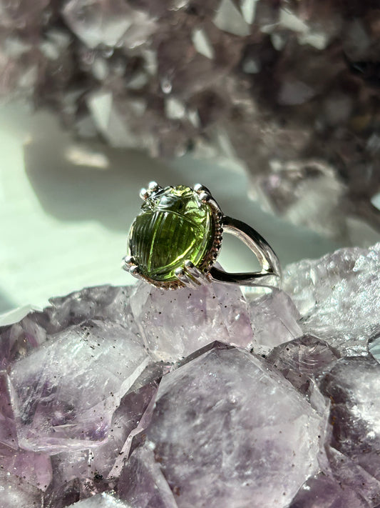 Moldavite Scarab Ring | Size Adjustable